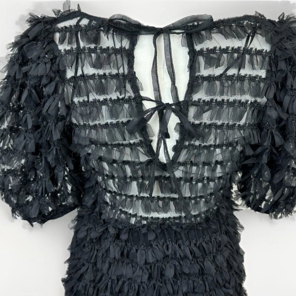 ✨ NWT Zara Black Tulle Fringe Mini Dress Small Puff Sleeve Ruffle 🖤 - Picture 13 of 16